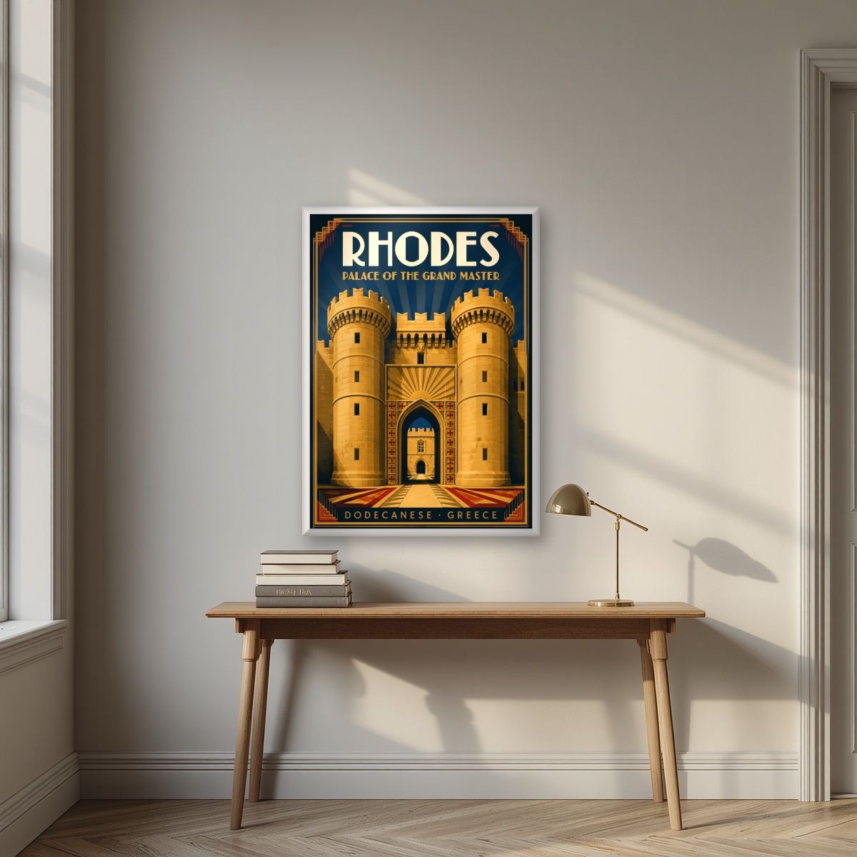 Grand Master's Gate — Rhodes art print, in a white frame, styled in a desk