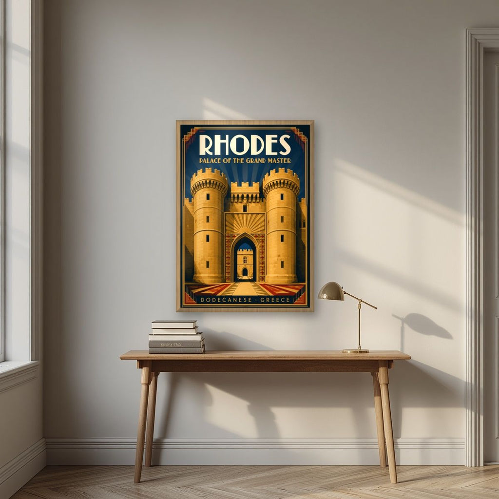 Grand Master's Gate — Rhodes art print, in an oak frame, styled in a desk