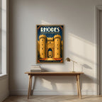 Grand Master's Gate — Rhodes art print, in an oak frame, styled in a desk