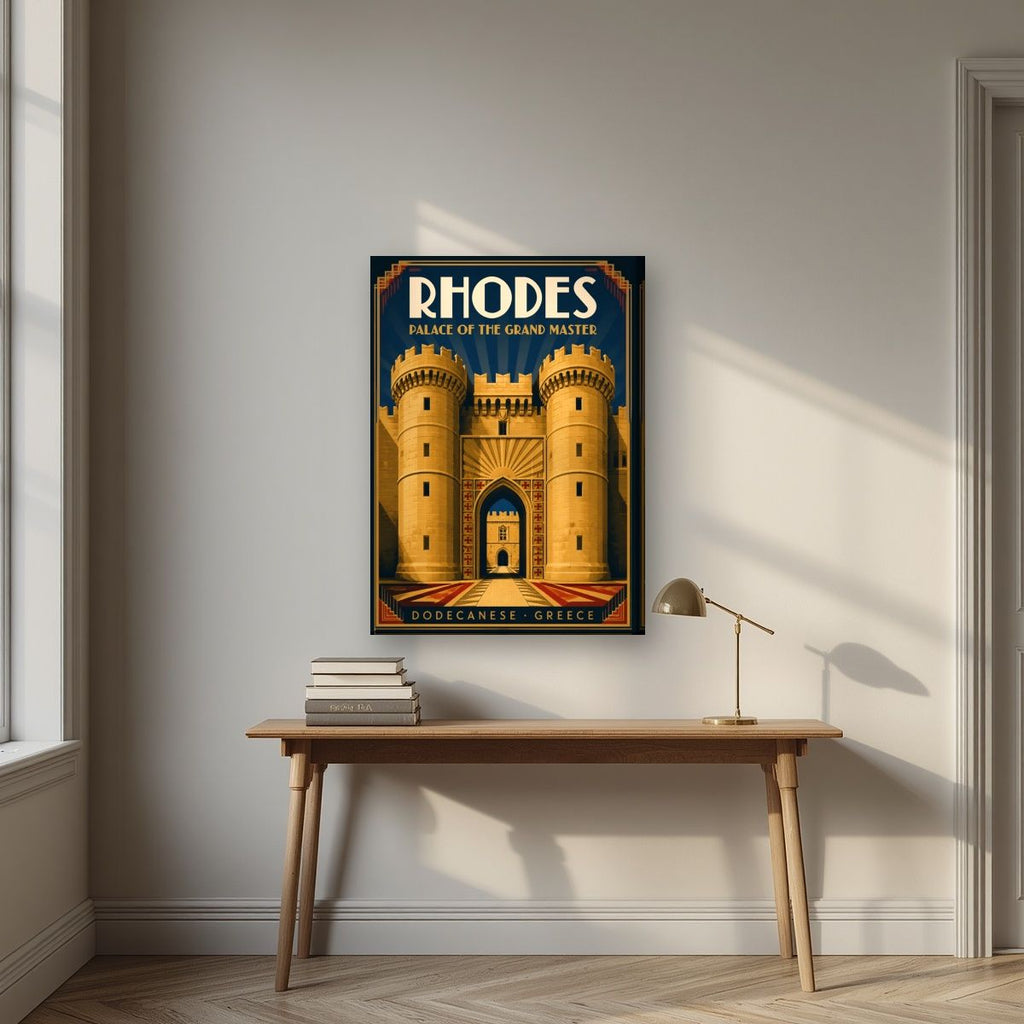 Grand Master's Gate — Rhodes art print, on slim canvas, styled in a desk