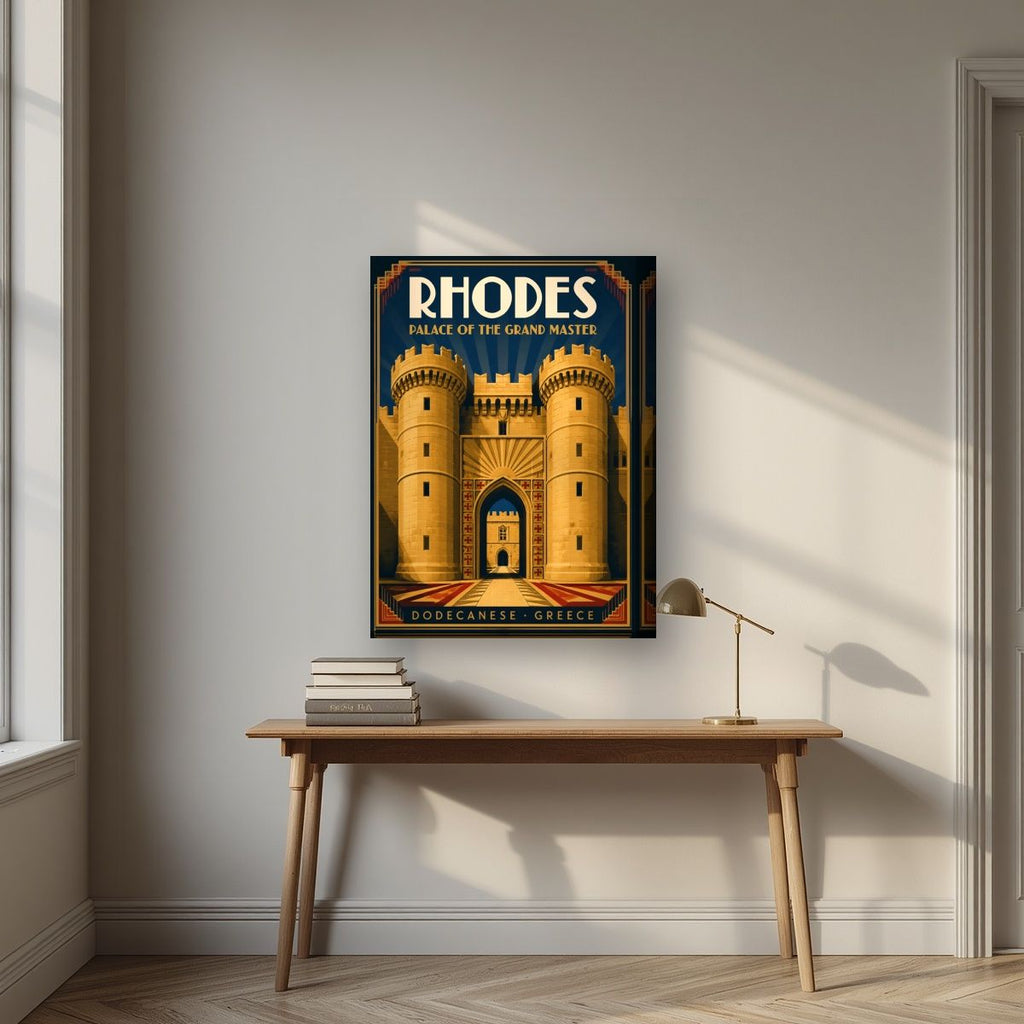 Grand Master's Gate — Rhodes art print, on thick canvas, styled in a desk
