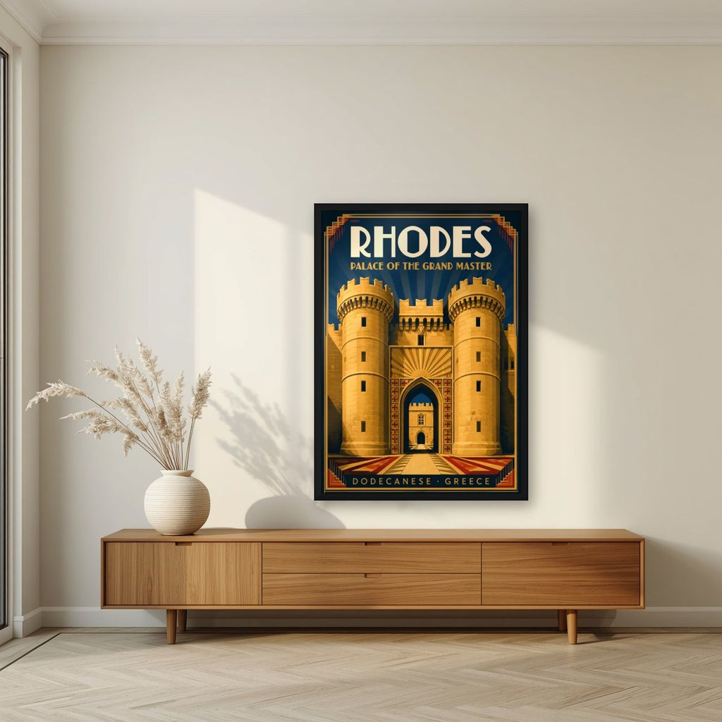 Grand Master's Gate — Rhodes art print, in a black frame, styled in a living room