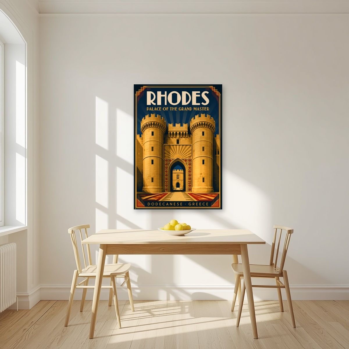 Grand Master's Gate — Rhodes art print, unframed poster, styled in a kitchen