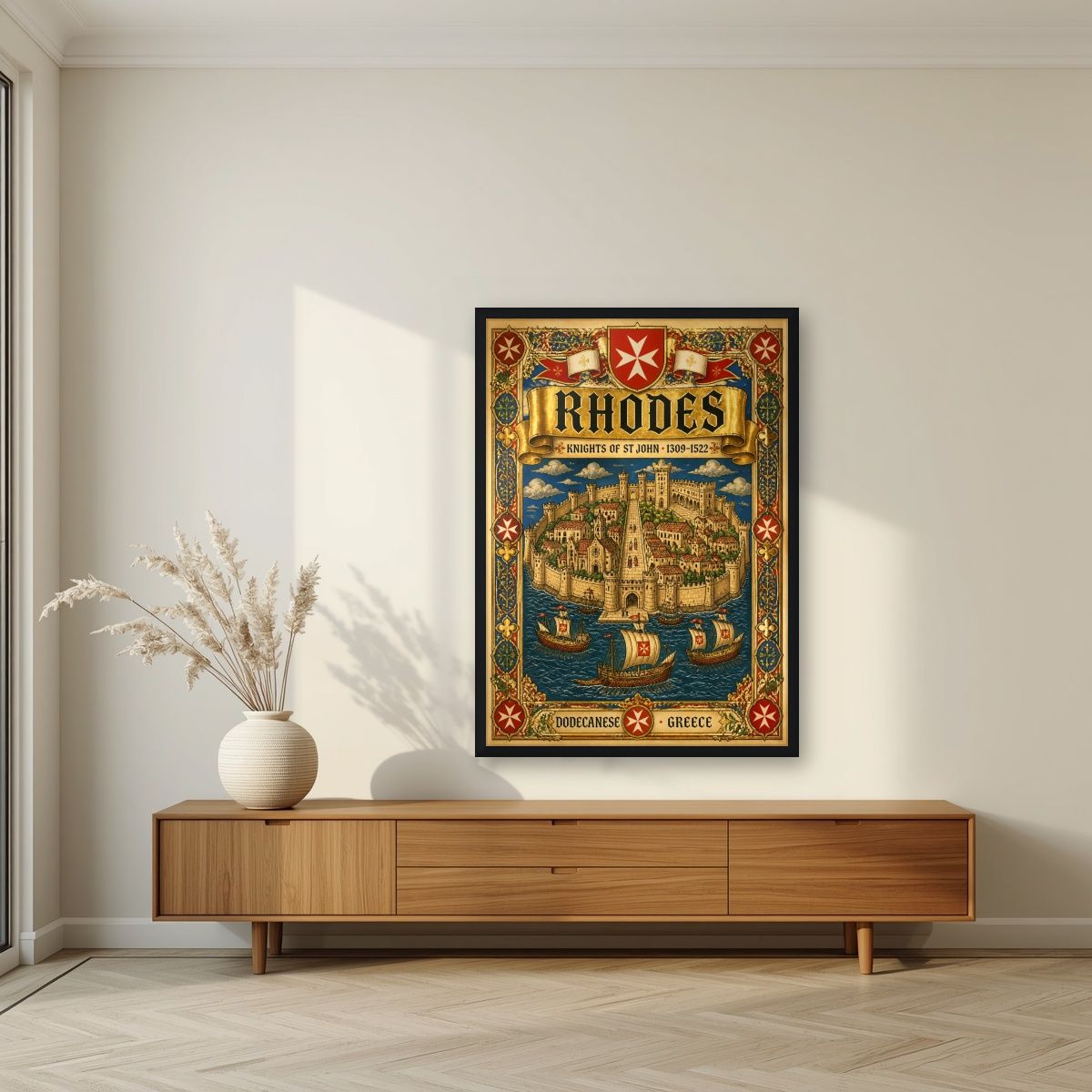 Knights of St John — Rhodes art print, in a black frame, styled in a living room