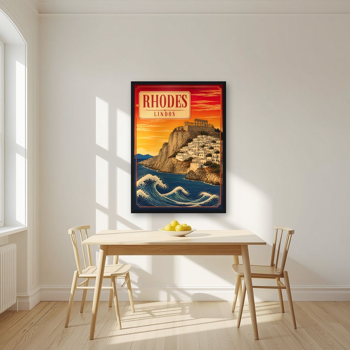 Lindos at Sunset — Rhodes art print, in a black frame, styled in a kitchen