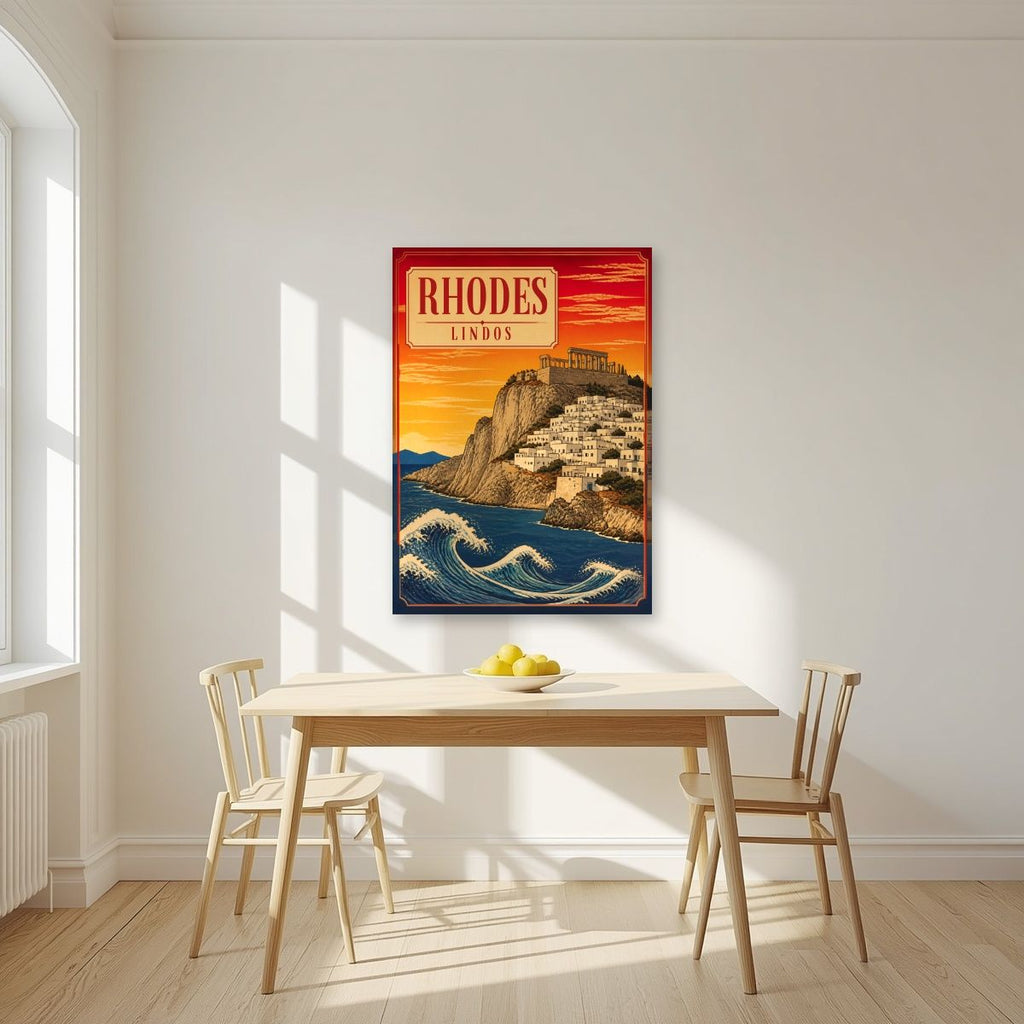 Lindos at Sunset — Rhodes art print, unframed poster, styled in a kitchen