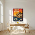 Lindos at Sunset — Rhodes art print, on slim canvas, styled in a kitchen