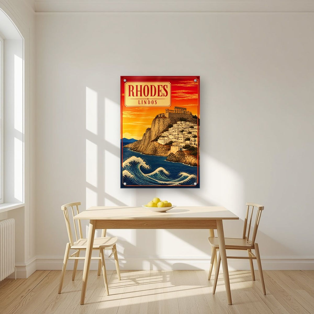 Lindos at Sunset — Rhodes art print, as an acrylic print, styled in a kitchen