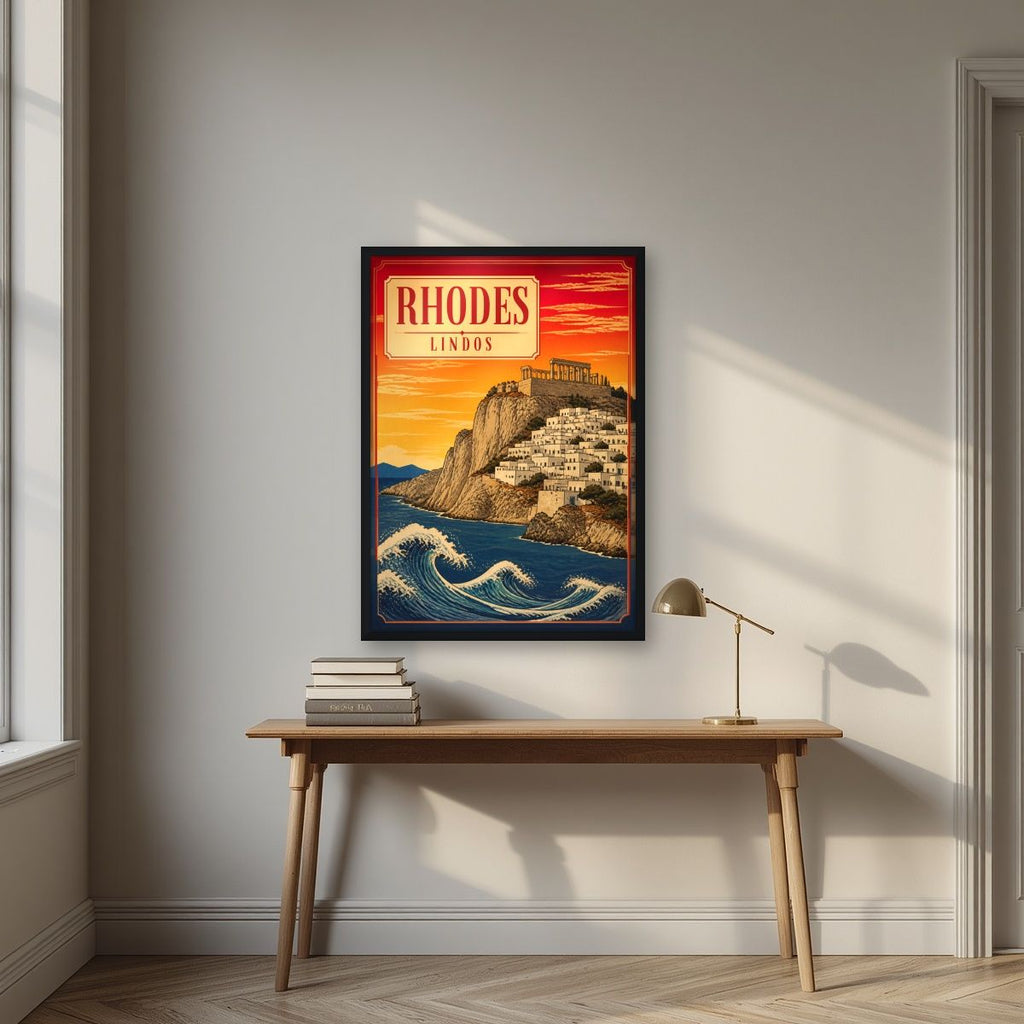 Lindos at Sunset — Rhodes art print, in a black frame, styled in a desk