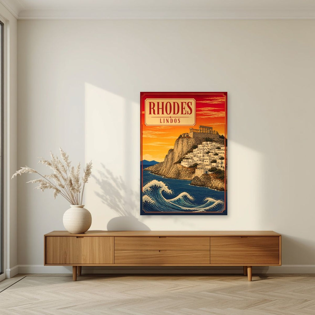 Lindos at Sunset — Rhodes art print, unframed poster, styled in a living room