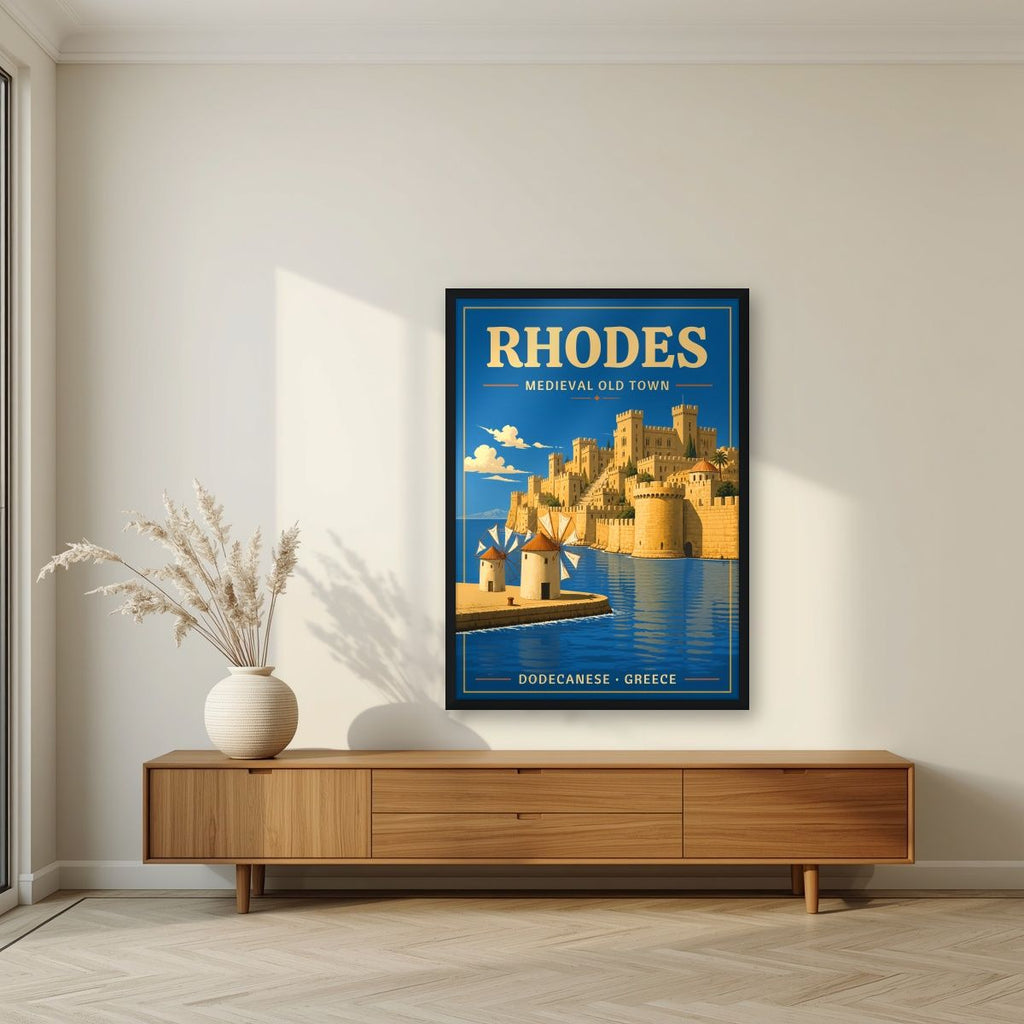 Palia Poli — Rhodes art print, in a black frame, styled in a living room