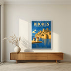 Palia Poli — Rhodes art print, in a white frame, styled in a living room