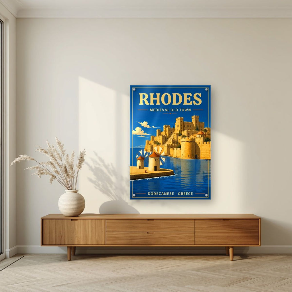 Palia Poli — Rhodes art print, as an acrylic print, styled in a living room