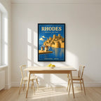 Palia Poli — Rhodes art print, in a black frame, styled in a kitchen