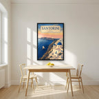 Aegean Dawn — Santorini art print, in a black frame, styled in a kitchen