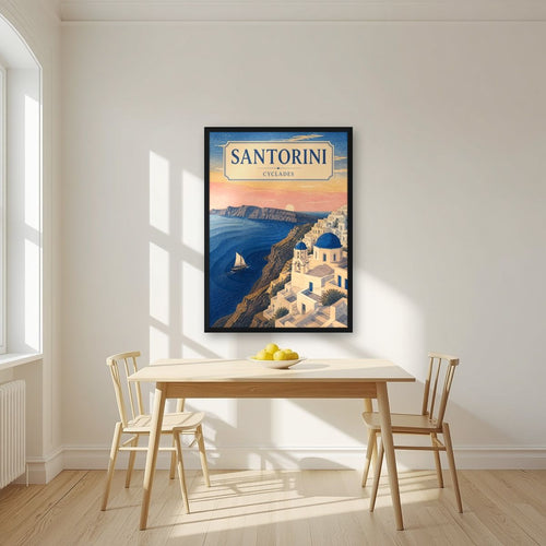 Aegean Dawn — Santorini art print, in a black frame, styled in a kitchen