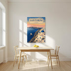 Aegean Dawn — Santorini art print, unframed poster, styled in a kitchen