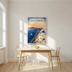 Aegean Dawn — Santorini art print, in a white frame, styled in a kitchen