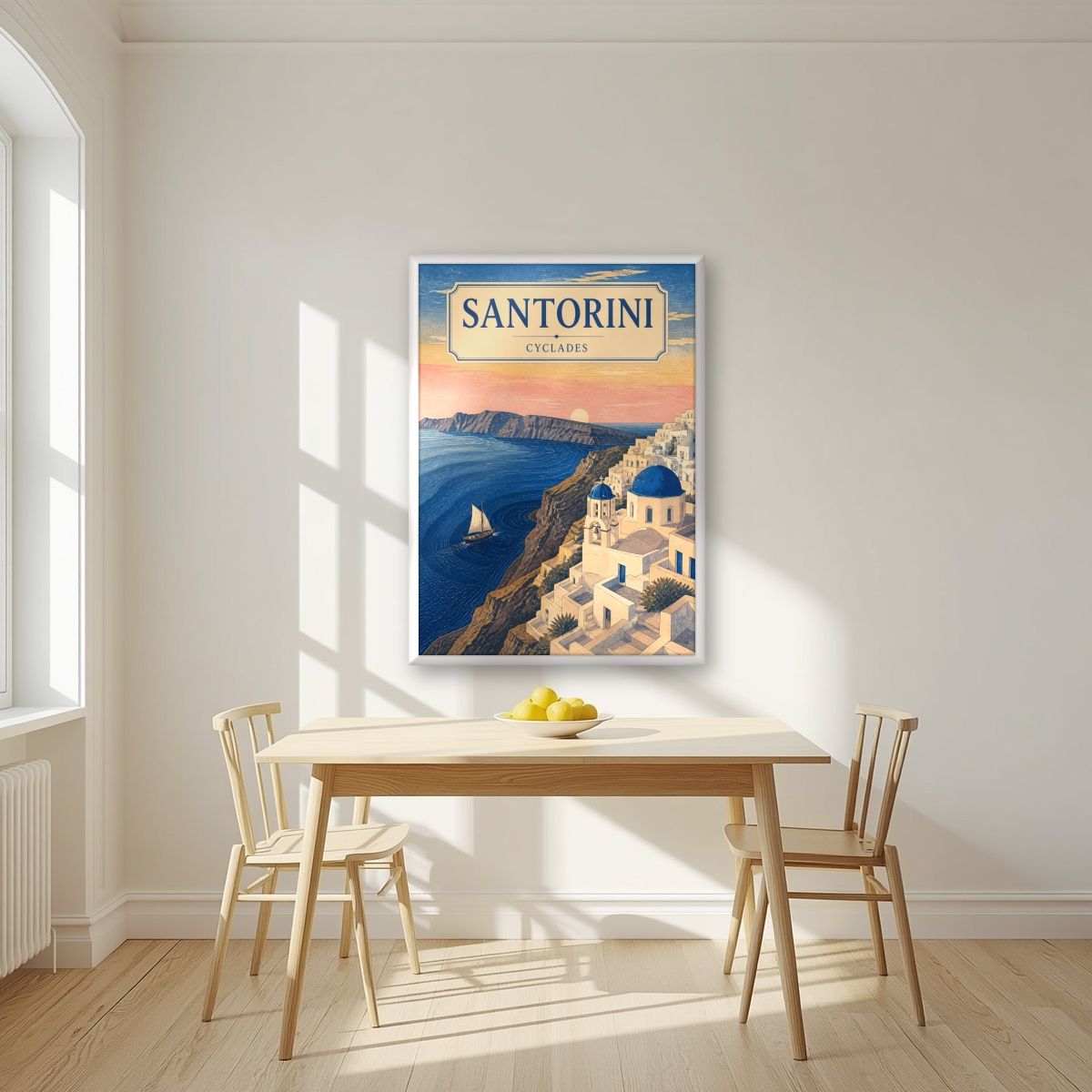 Aegean Dawn — Santorini art print, in a white frame, styled in a kitchen
