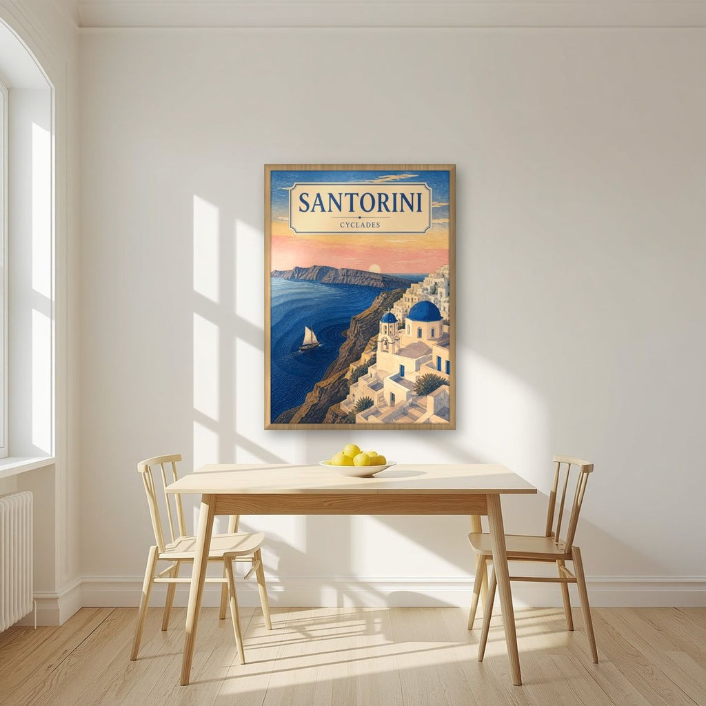 Aegean Dawn — Santorini art print, in an oak frame, styled in a kitchen