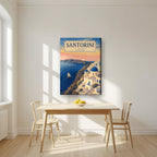 Aegean Dawn — Santorini art print, on slim canvas, styled in a kitchen