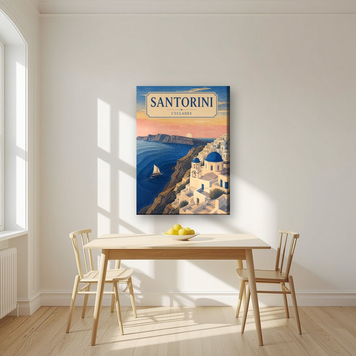 Aegean Dawn — Santorini art print, on slim canvas, styled in a kitchen