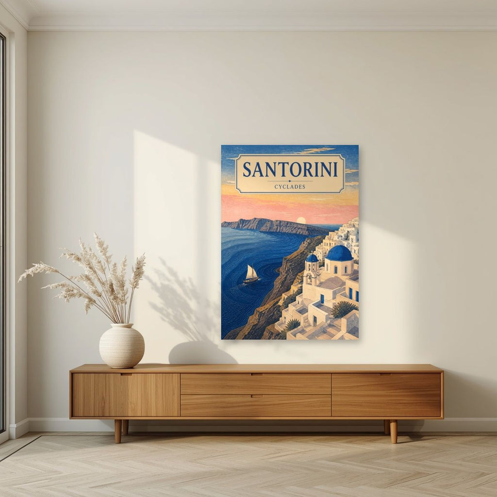 Aegean Dawn — Santorini art print, unframed poster, styled in a living room