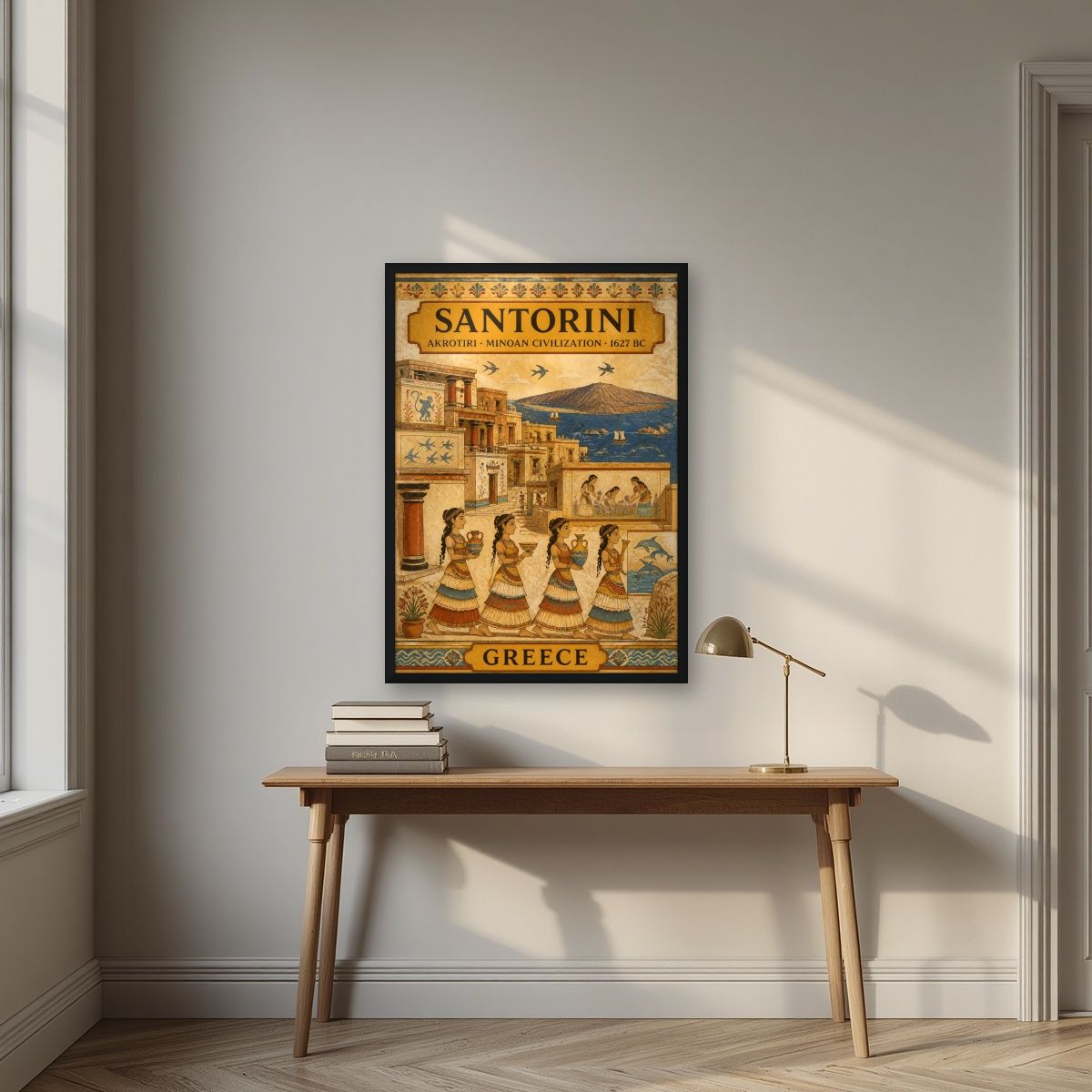 Akrotiri Fresco — Santorini art print, in a black frame, styled in a desk