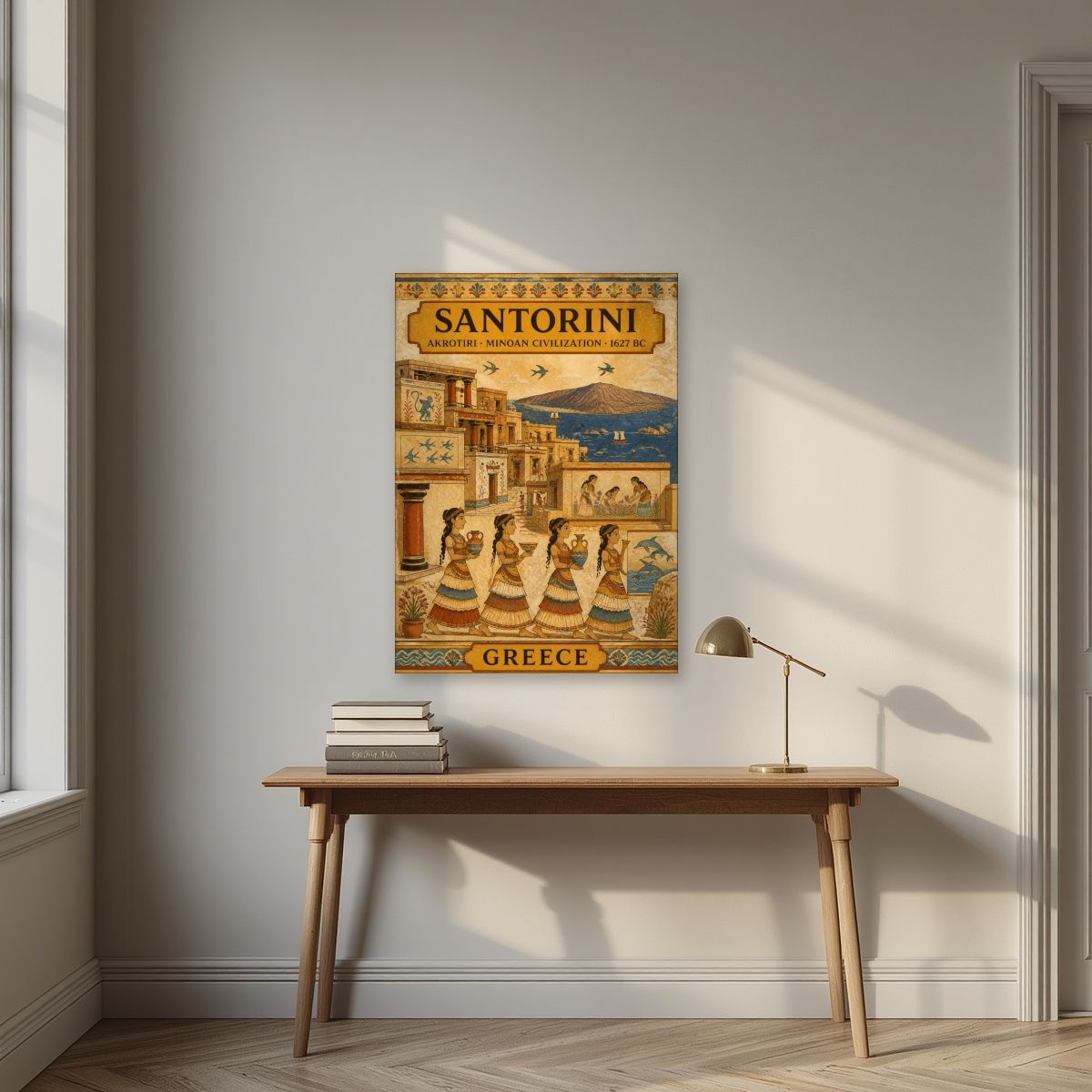 Akrotiri Fresco — Santorini art print, unframed poster, styled in a desk