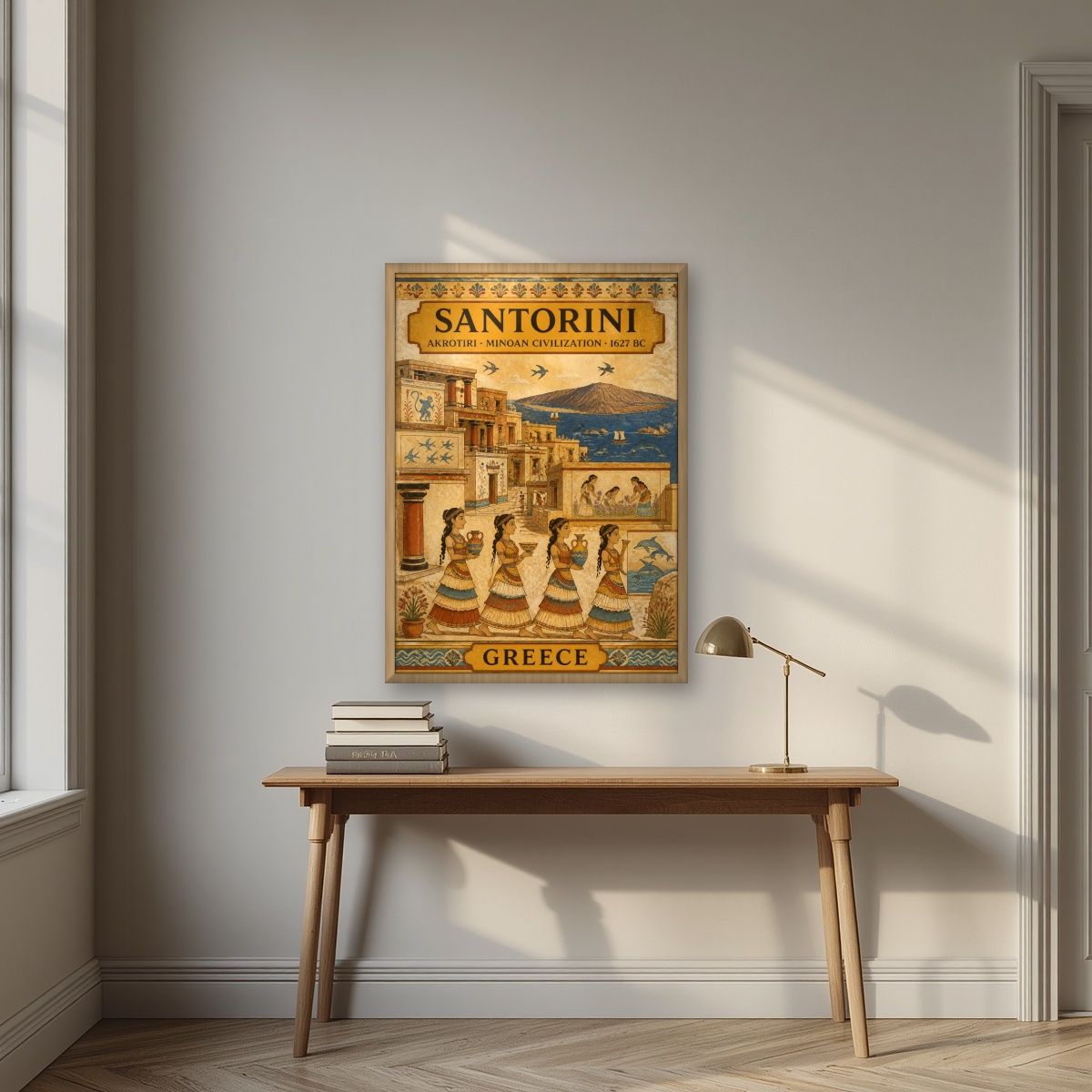 Akrotiri Fresco — Santorini art print, in an oak frame, styled in a desk