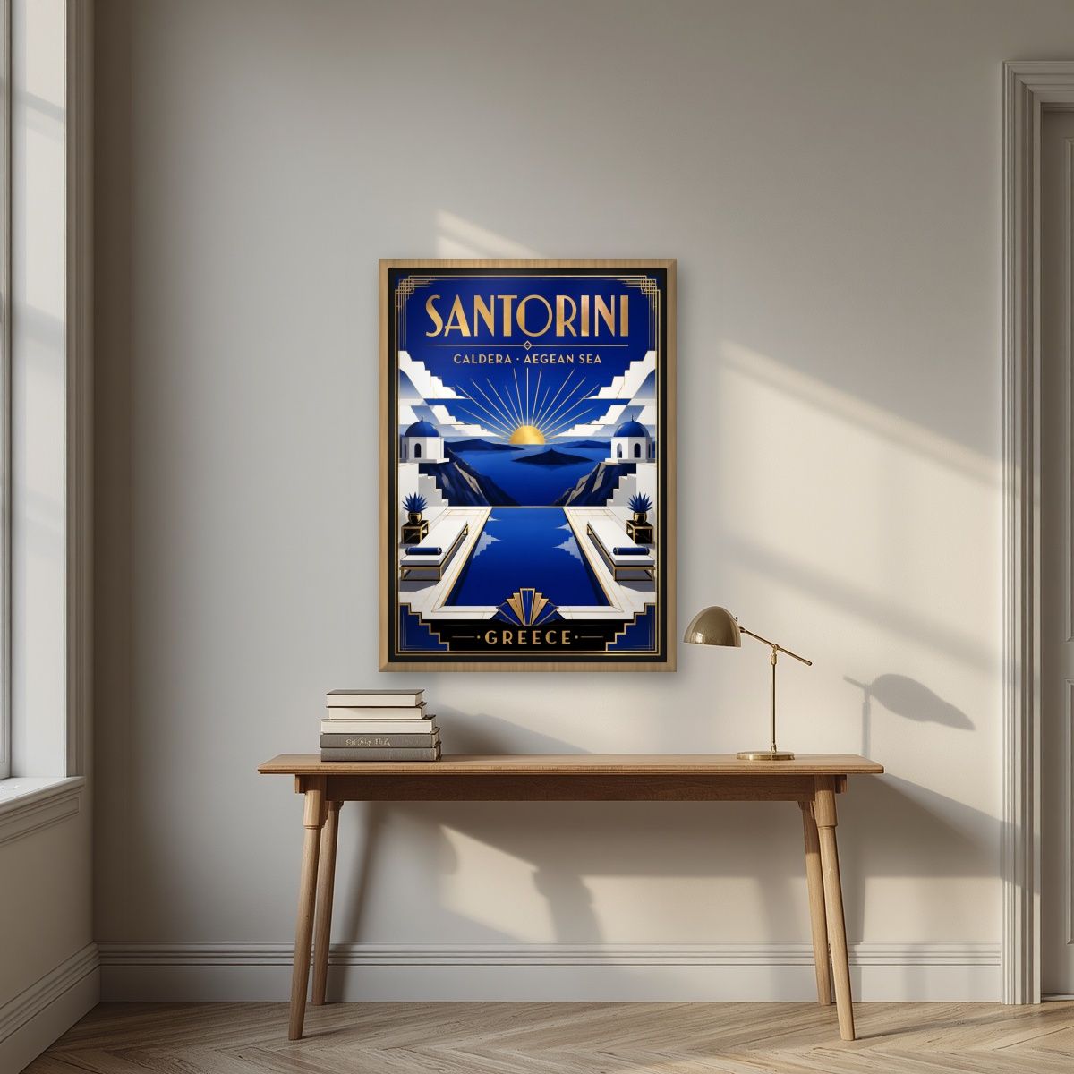 Deco Caldera — Santorini art print, in an oak frame, styled in a desk
