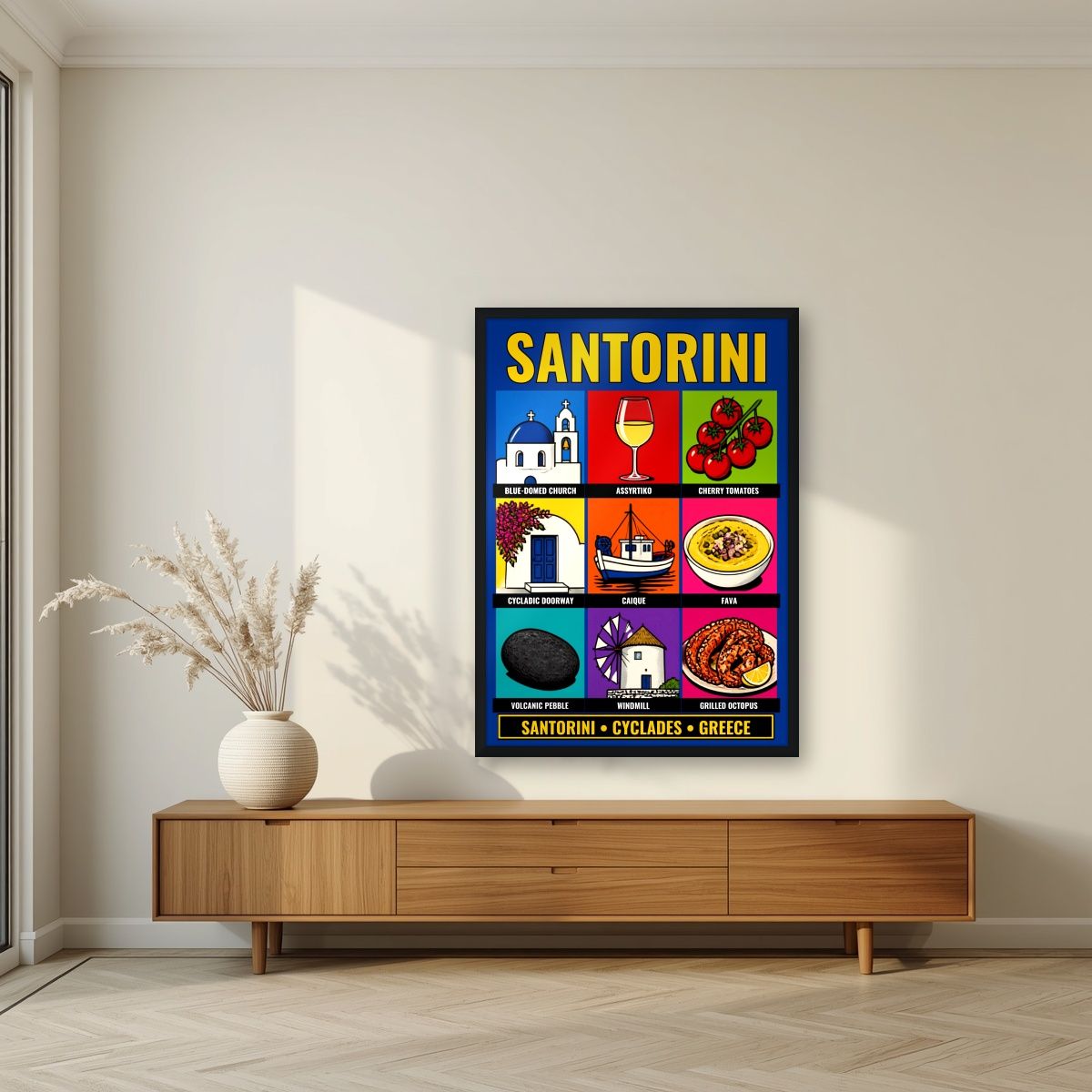 Ennea — Santorini art print, in a black frame, styled in a living room