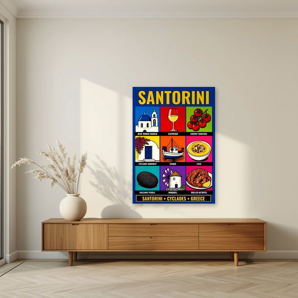 Ennea — Santorini art print, unframed poster, styled in a living room