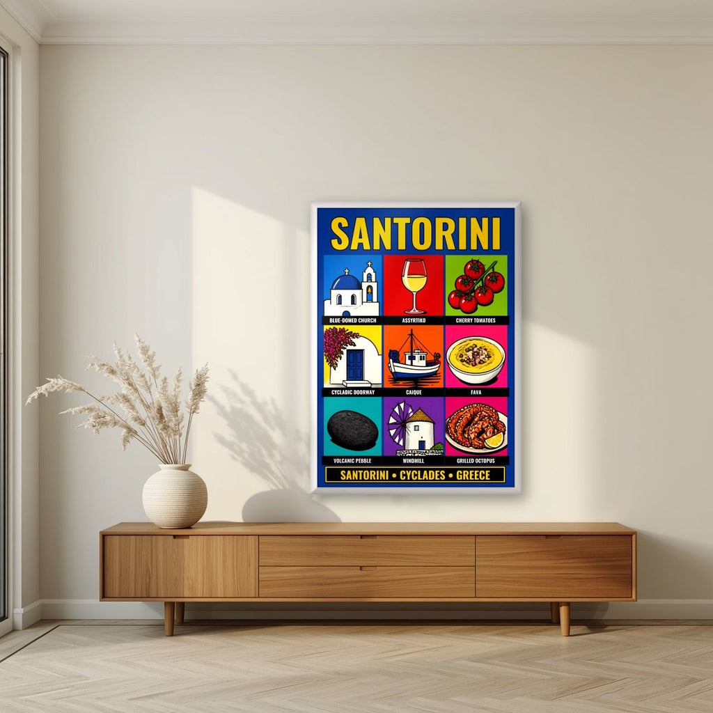 Ennea — Santorini art print, in a white frame, styled in a living room