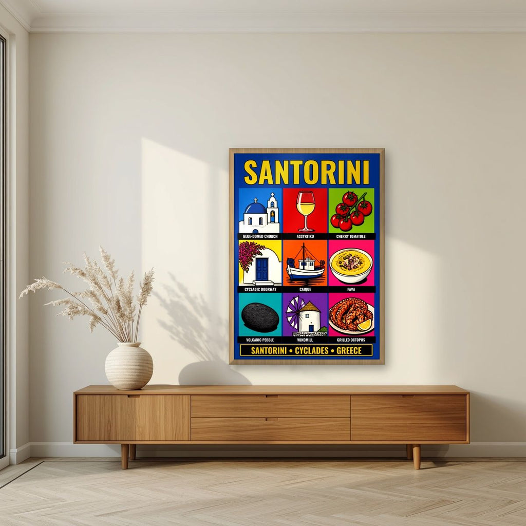 Ennea — Santorini art print, in an oak frame, styled in a living room