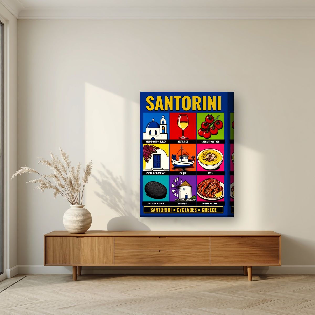 Ennea — Santorini art print, on thick canvas, styled in a living room