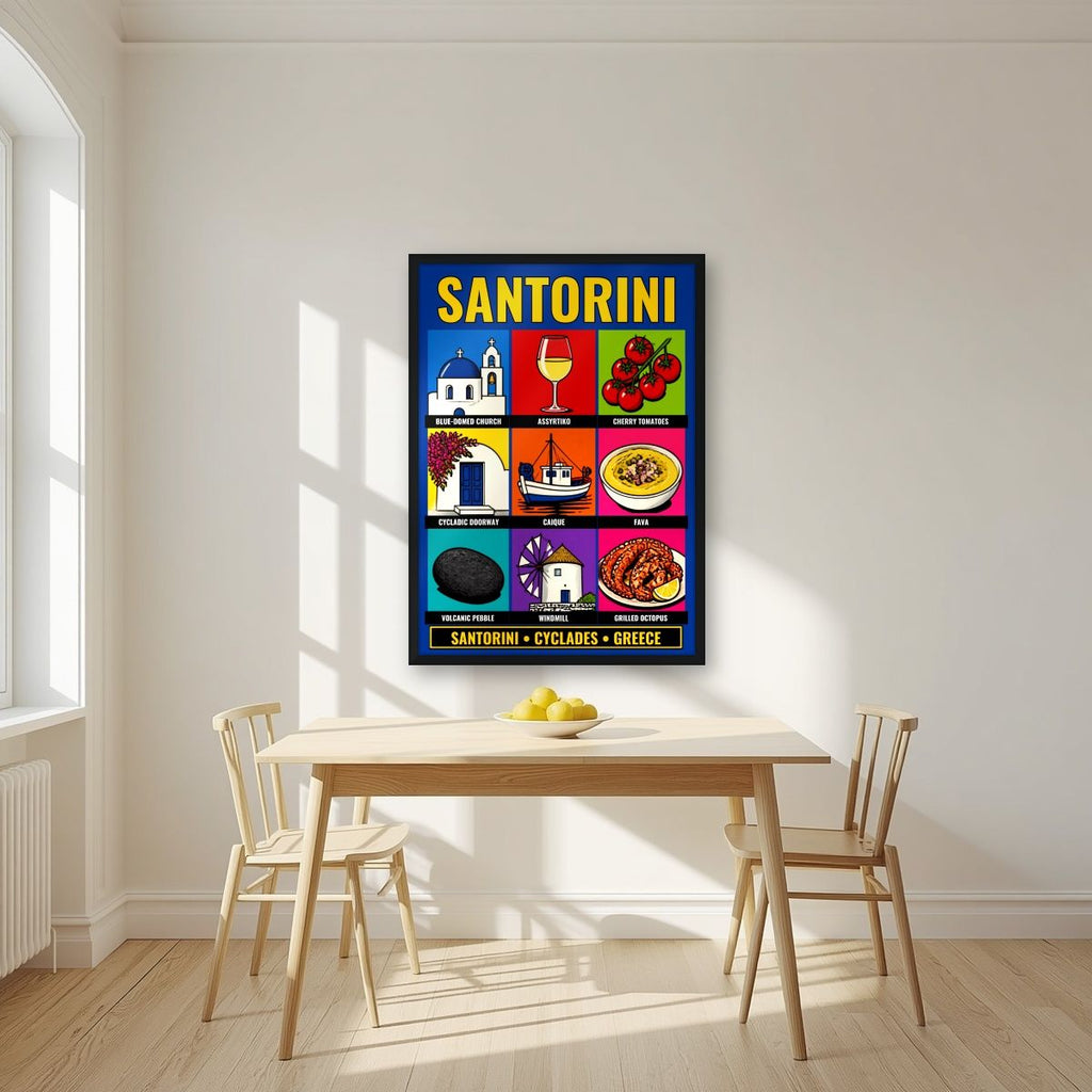 Ennea — Santorini art print, in a black frame, styled in a kitchen