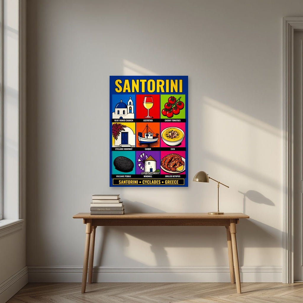 Ennea — Santorini art print, unframed poster, styled in a desk