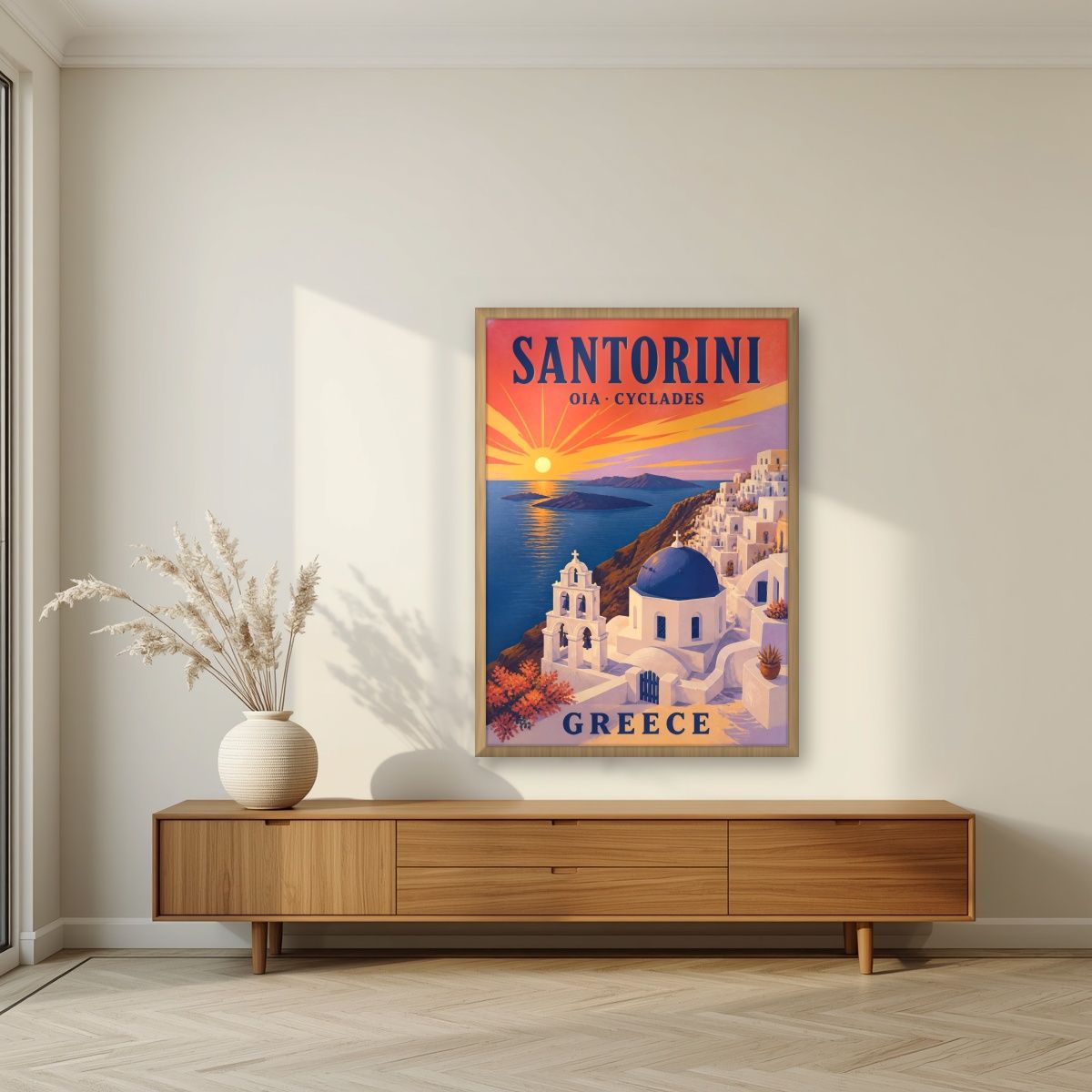 Iliovasilema — Santorini art print, in an oak frame, styled in a living room