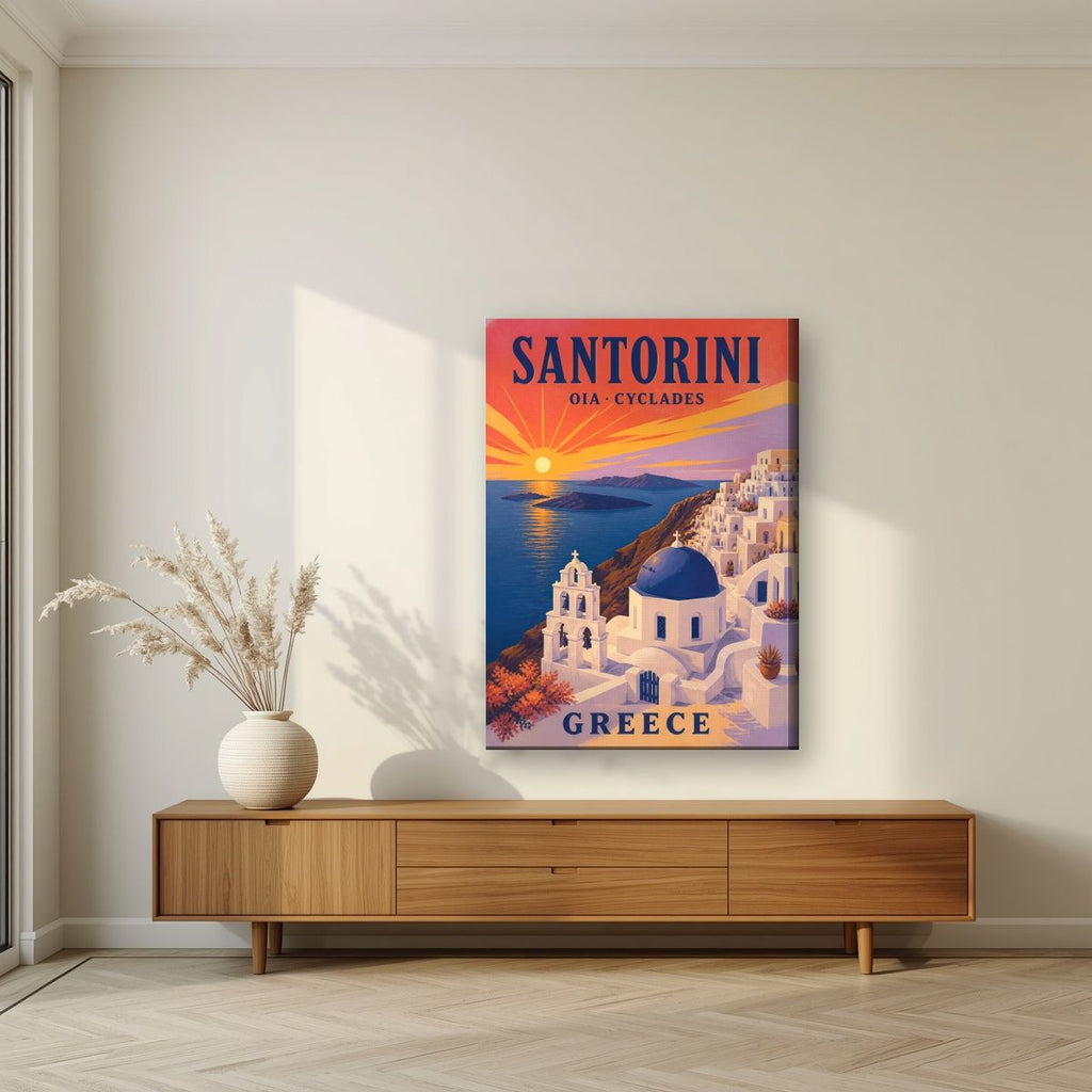 Iliovasilema — Santorini art print, on slim canvas, styled in a living room