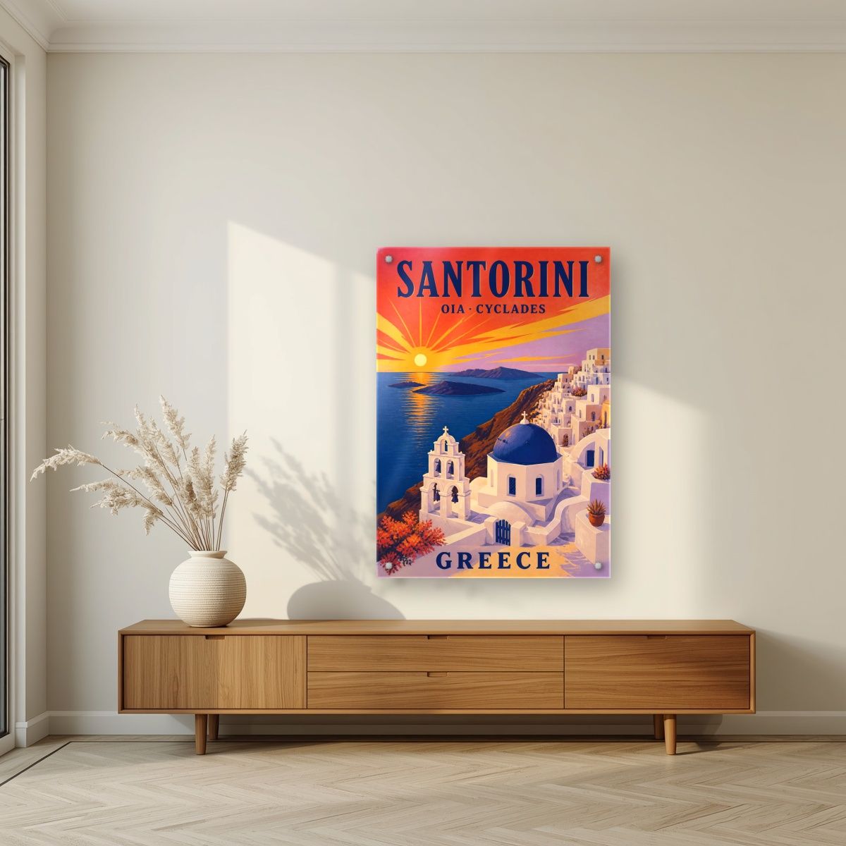 Iliovasilema — Santorini art print, as an acrylic print, styled in a living room
