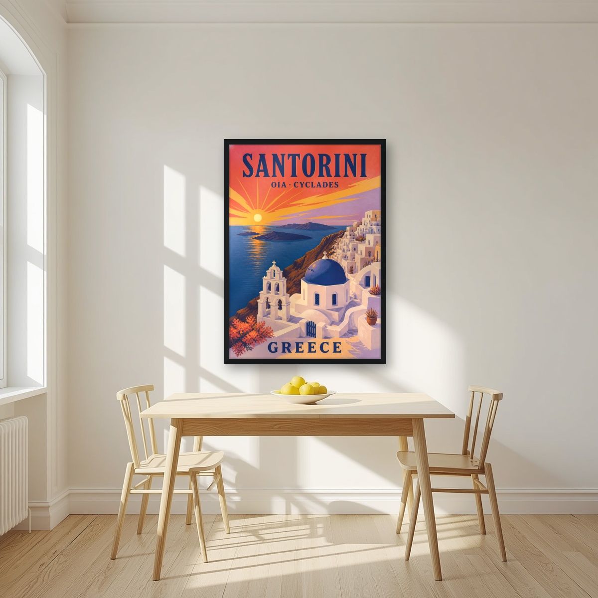 Iliovasilema — Santorini art print, in a black frame, styled in a kitchen