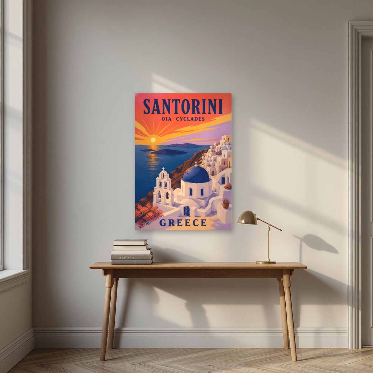 Iliovasilema — Santorini art print, unframed poster, styled in a desk