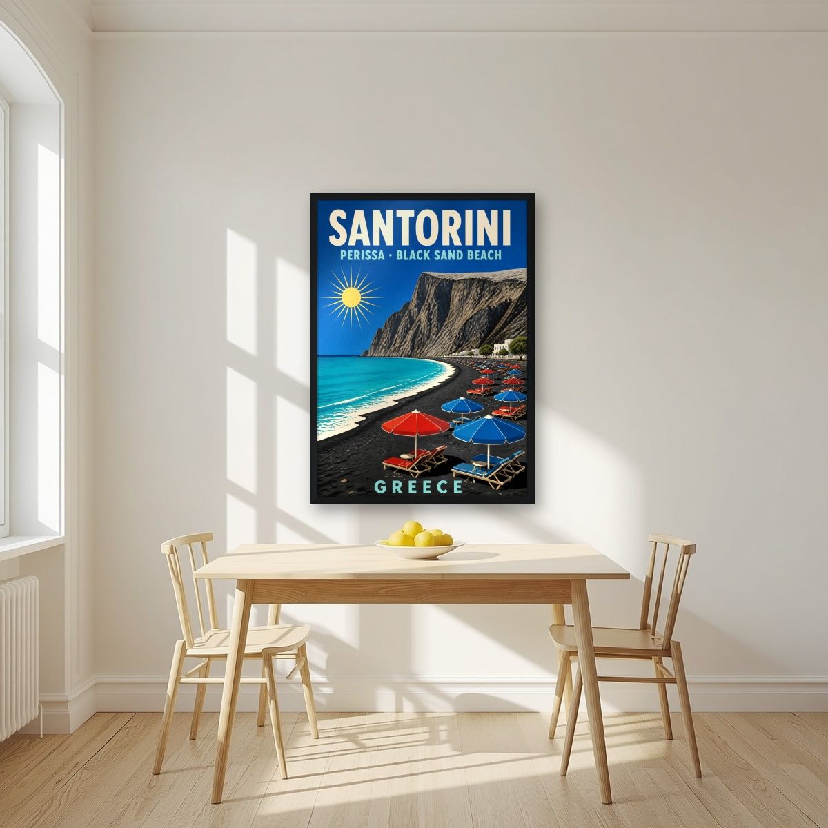 Mavri Ammos — Santorini art print, in a black frame, styled in a kitchen