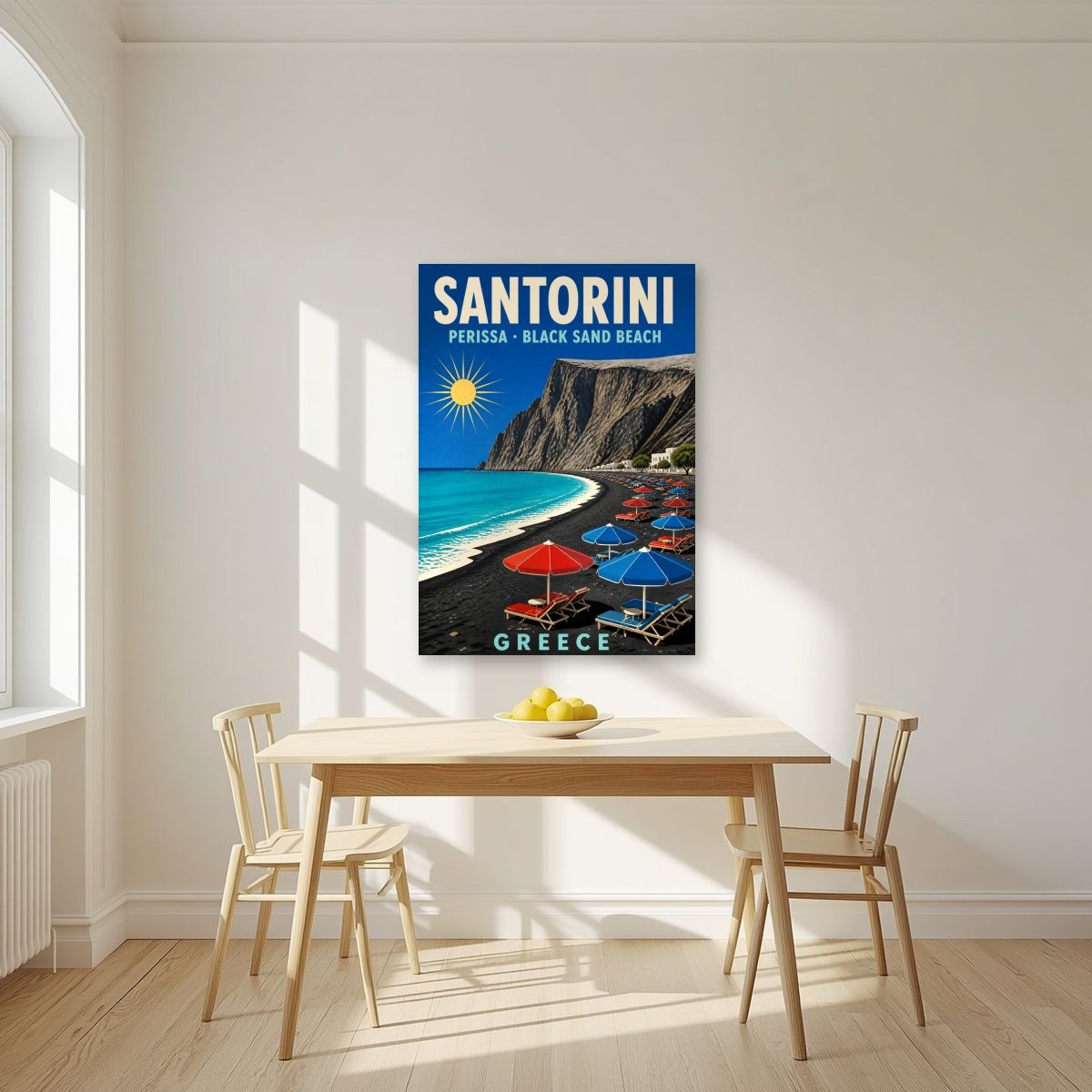 Mavri Ammos — Santorini art print, unframed poster, styled in a kitchen