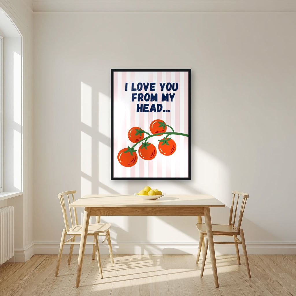 Head To-Matoes – Blossom Stripe print in a black frame in a kitchen