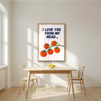 Head To-Matoes – Blossom Stripe print in an oak frame in a kitchen