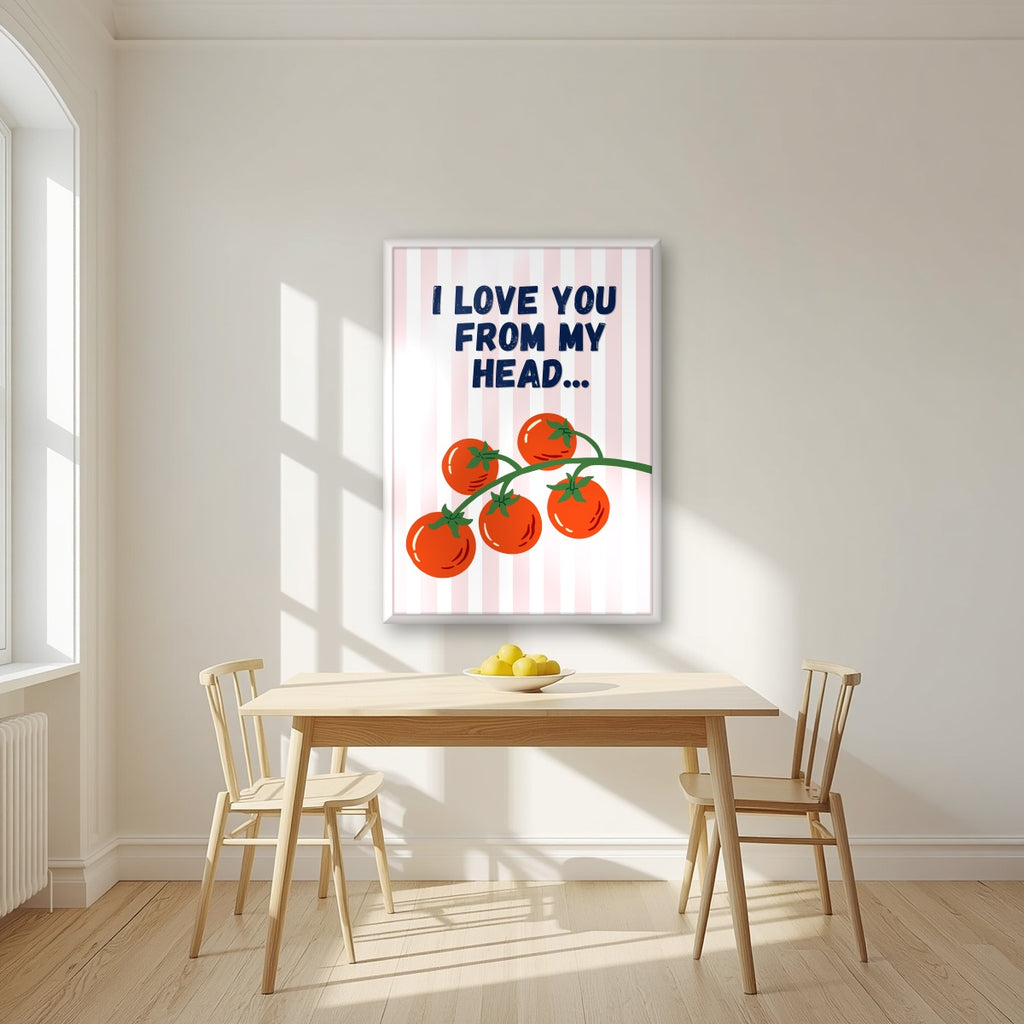 Head To-Matoes – Blossom Stripe print in a white frame in a kitchen