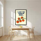 Head To-Matoes – Buttermilk Stripe print in a black frame in a kitchen