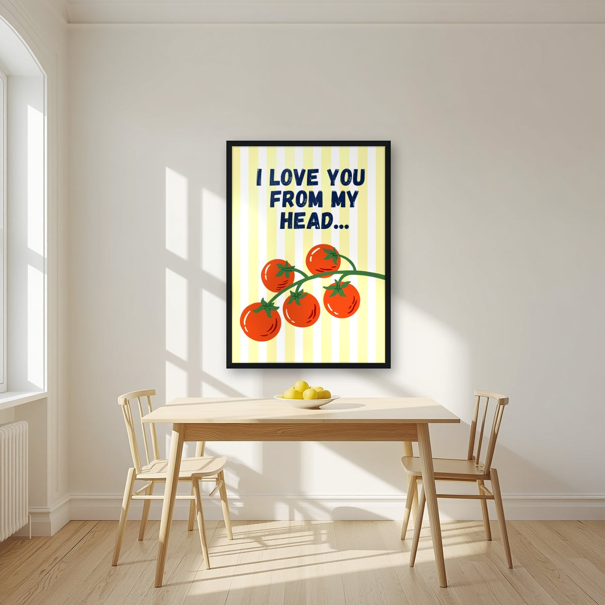 Head To-Matoes – Buttermilk Stripe print in a black frame in a kitchen